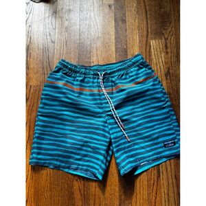 LL Bean Mens Swim Trunks Size L Teal Orange Stripe Elastic Waist Pocket